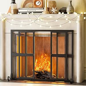 Fireplace Screen with Sliding Doors, 37.8″ W x 30.7″ H