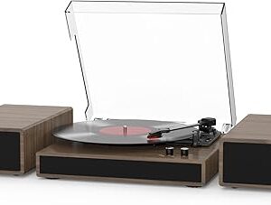 Retro Turntable vinyl records  with two external speakers( glass top has a scratch)