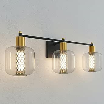 3 Light Industrial Bathroom Vanity Light Black and Gold Wall Sconce
