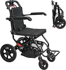Portable Aluminum Transport Wheelchair with String Bag | Handbrake & 12″ Rear Wheels | Lightweight Folding Travel Chair for Adults & Kids | Black (Seat Width: 18″)