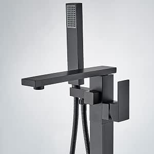 Freestanding Bathtub Faucet Tub Filler Matte Black Floor Mount Single Handle Standing High Flow Shower Faucets with Handheld Shower and 360 Degree Swivel Spout