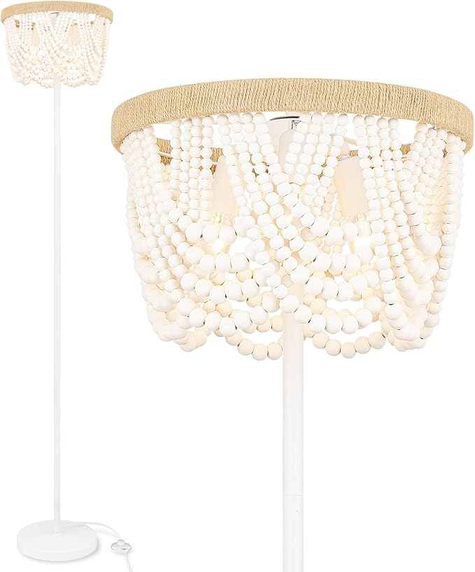 Boho Floor Lamp with Wooden Beaded Shade