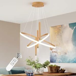 ORANOOR LED Gold Modern Chandeliers for Dining Room Bedrooms Living Room, Dimmable 24in 5250lm Kitchen Pendant Lamp Dining Room Light Fixtures Ceiling Hanging Over Table, 2 Ring Round Chandeliers